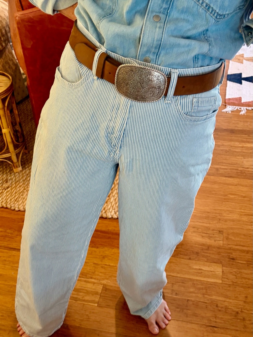 Light Blue and White Pinstripe Denim Jeans